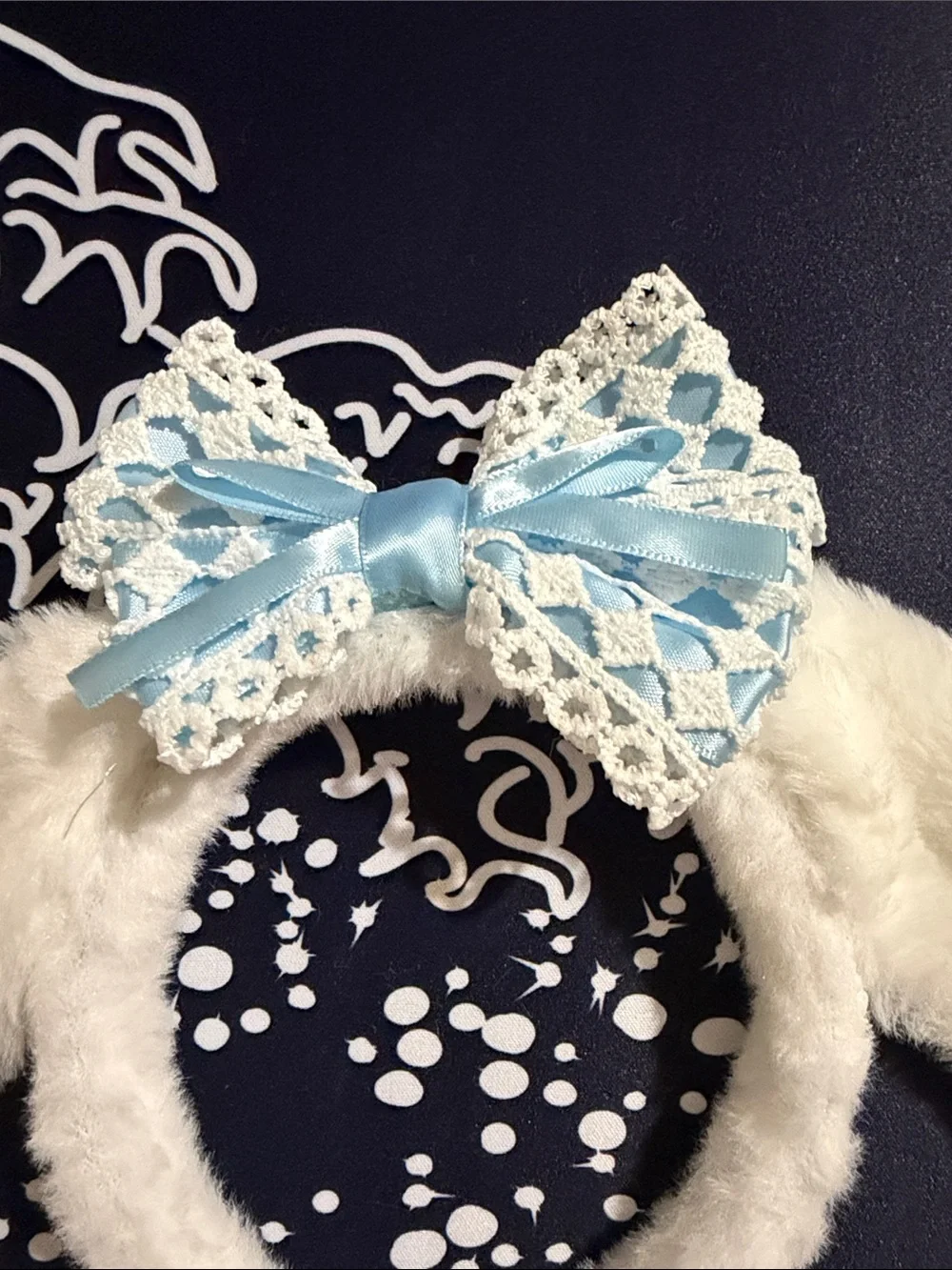 Cinnamoroll White Plush Bunny Ear Headband with Blue Lace Bow
